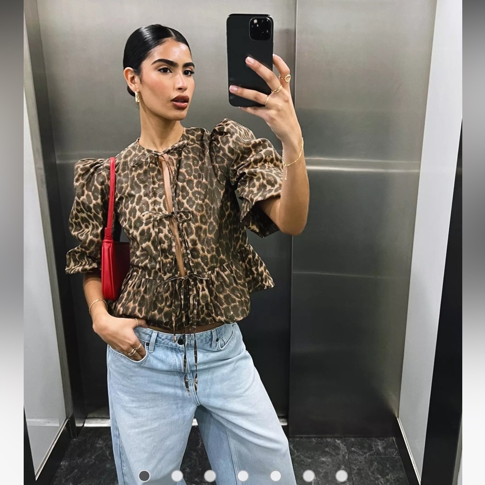 ASOS DESIGN cotton poplin peplum tie shirt top in leopard print